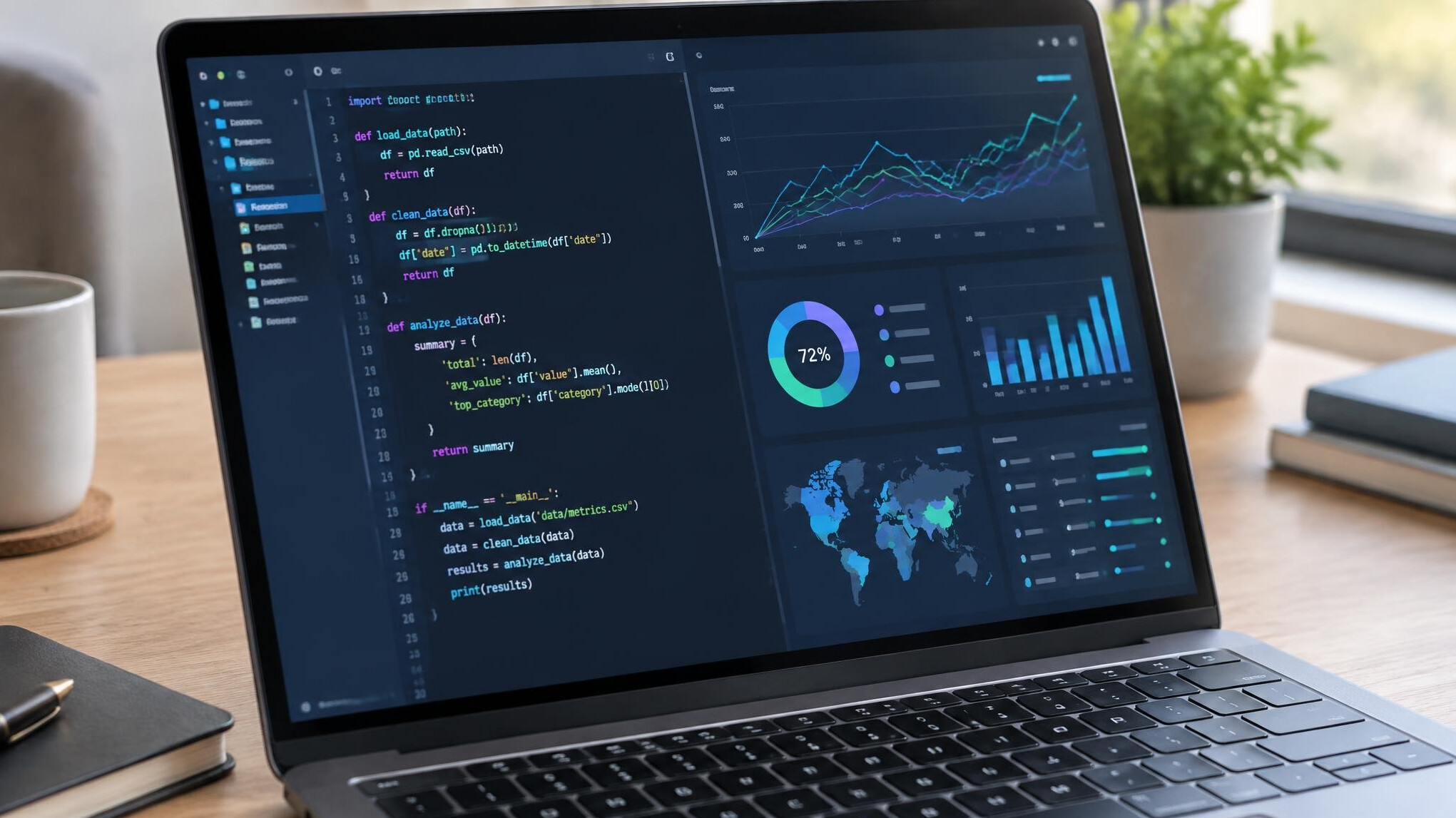 Laptop screen showing software code and a data dashboard