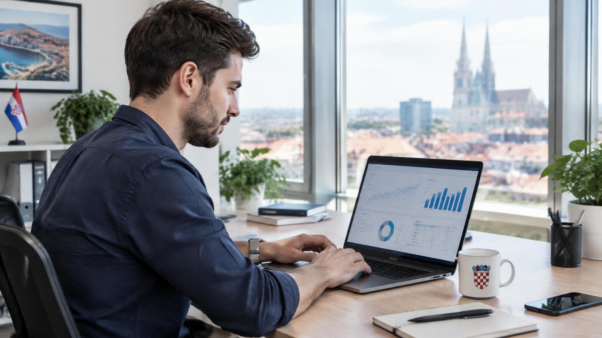 Person working on a laptop in a bright modern office discussing insurance software
